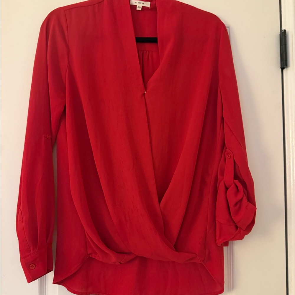 Pleione Red V Neck Long or 3/4 Sleeve Blouse Office Date Night